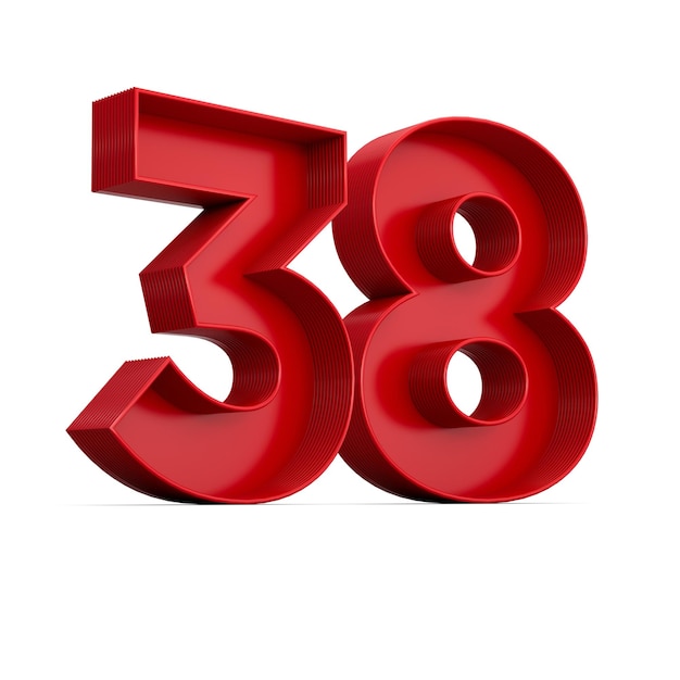 Red digit 38 or thirty eight with inner shadow isolated on white 3d illustration