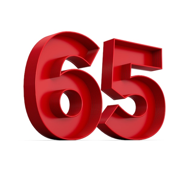 Foto cifra rossa 65 o sessantacinque con ombra interna isolata su sfondo bianco 3d'illustrazione