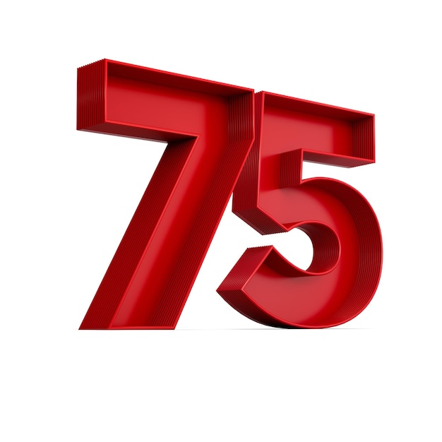 Red Digit 75 or seventy five with inner shadow isolated on white background 3d illustration