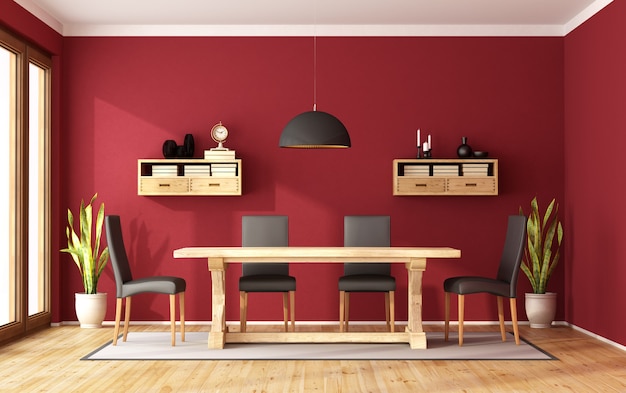 Red dining room with retro wooden table