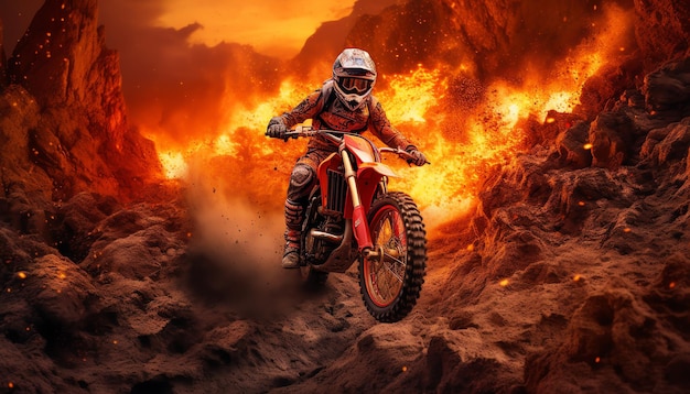 Красный мотоциклист мчится по холму с огнем на заднем плане.