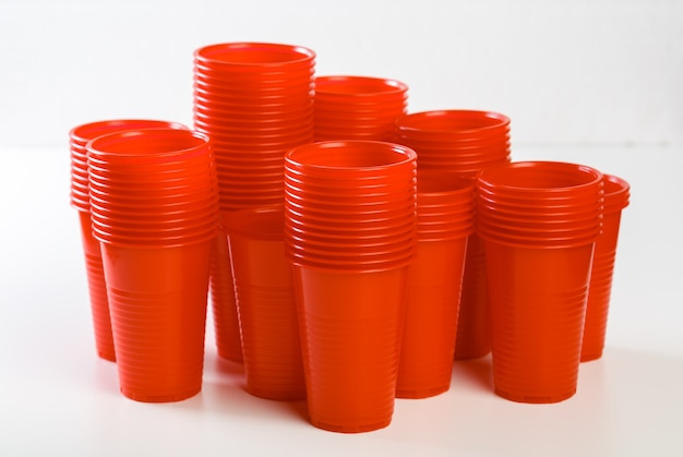 Red disposable plastic glasses