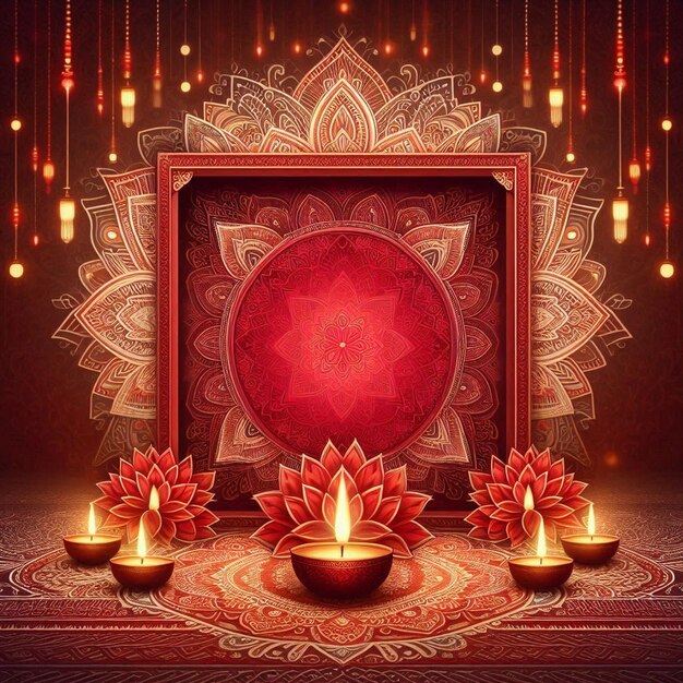 Photo red diwali greeting card and diwali frame with diyas