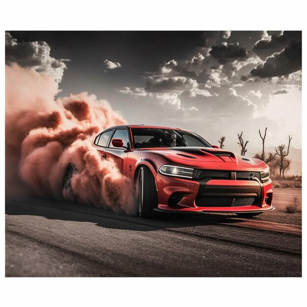 Photo a red dodge charger driving on a desert road with dust coming out of the back generative ai