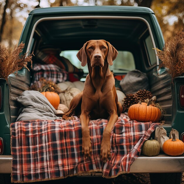 Foto un cane rosso si raffredda sul retro di un furgone pieno di zucche e fogliame autunnale