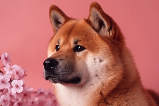 Red dog japanese akita inu on a pink background closeup the concept of love for dogs