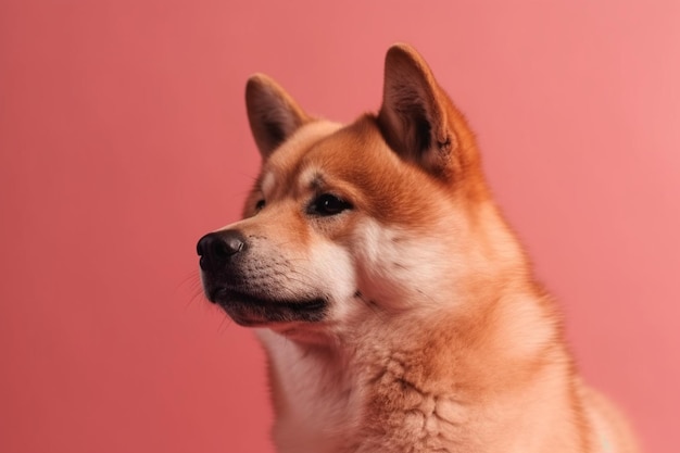 Red dog japanese akita inu on a pink background closeup the concept of love for dogs