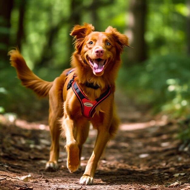 写真 赤い犬が森の道を走っている