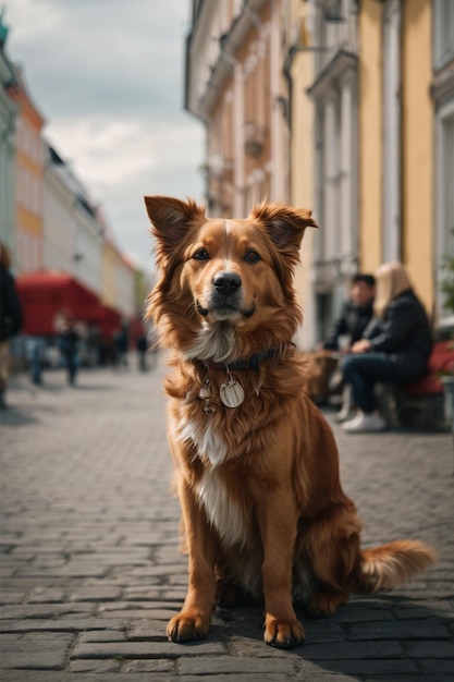 Красная собака на улице в старом городе Таллинна