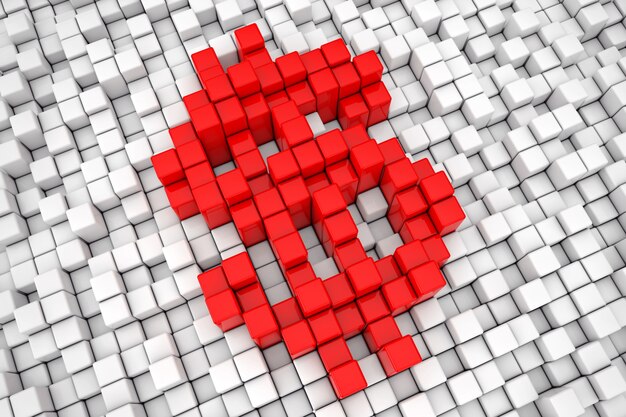 Red Dollar Block Cube Pixel Sign extreme closeup. 3d Rendering