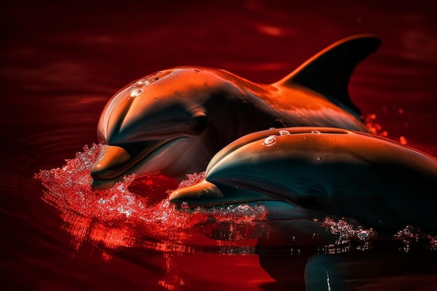 A red dolphin and a dolphin swim in the water