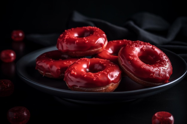 Red donuts on a plate with chocolate glaze