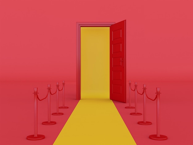 Photo red door in colored background with yellow event carpet and red rope barriers 3d render