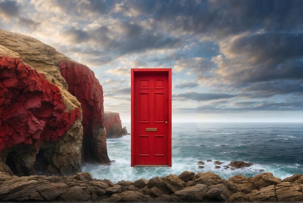 Red door portal on the coral beach