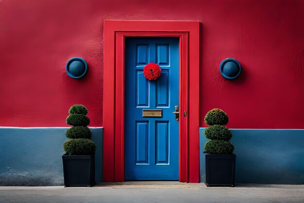 a red door with a blue door and a red circle on the front