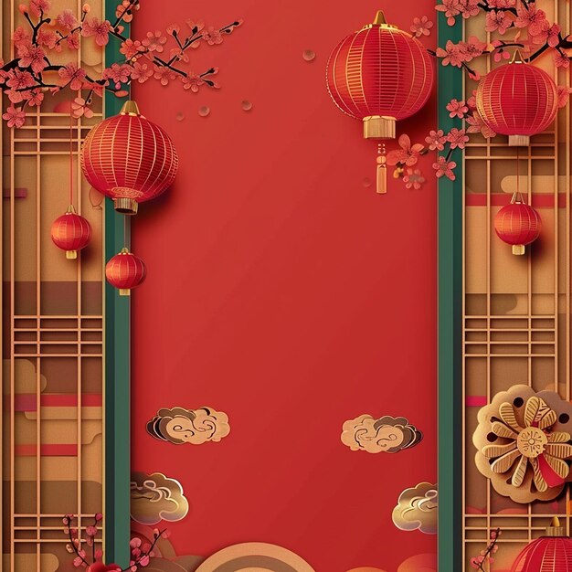 a red door with chinese lanterns and a red background with a pink background