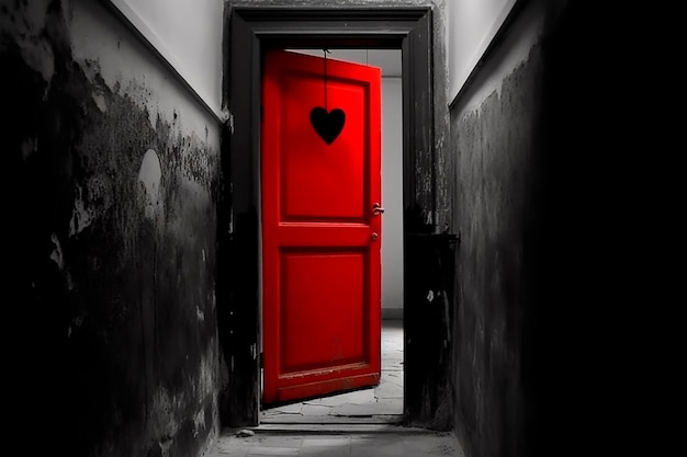 A red door with a heart hanging from it