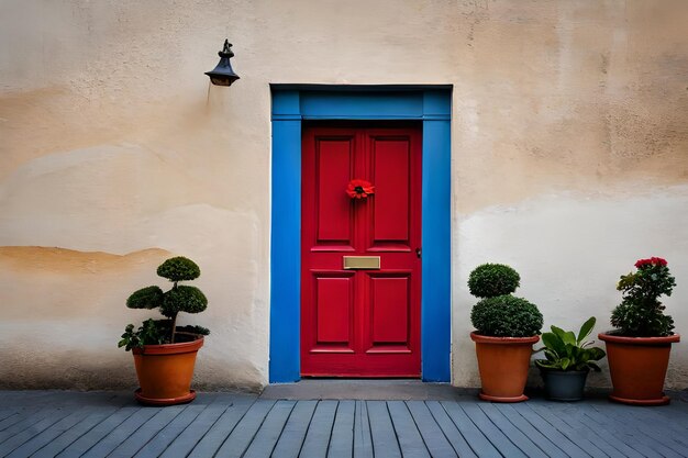 a red door with a red door and potted plants in front of it.