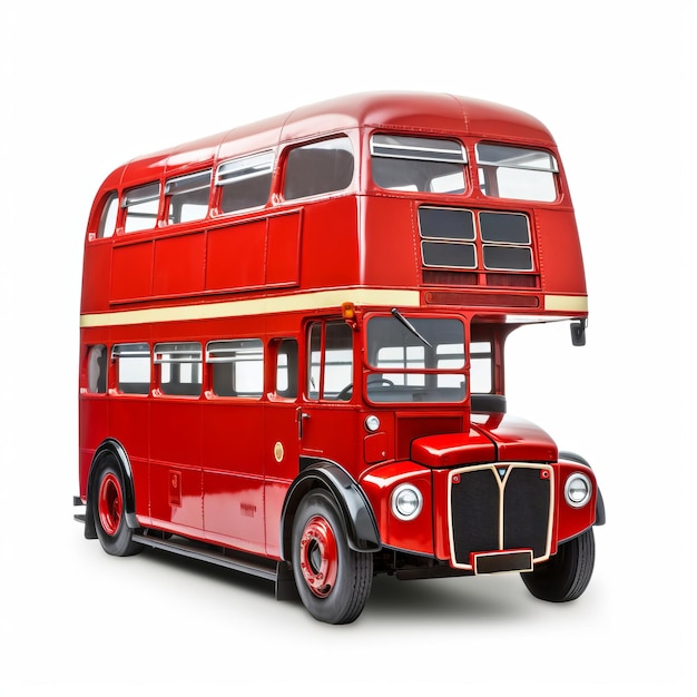 Un autobus rosso a due piani su uno sfondo bianco