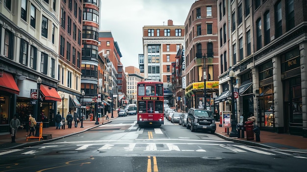 A red doubledecker bus drives down a city street There are cars parked on either side of the bus