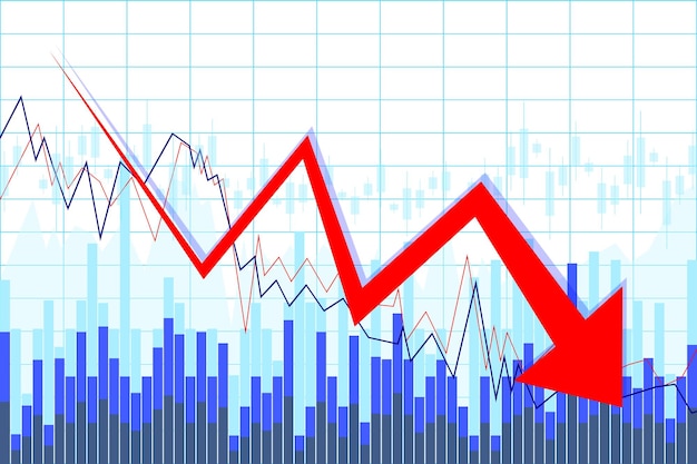 Red downwards arrow and financial data crisis recession concept