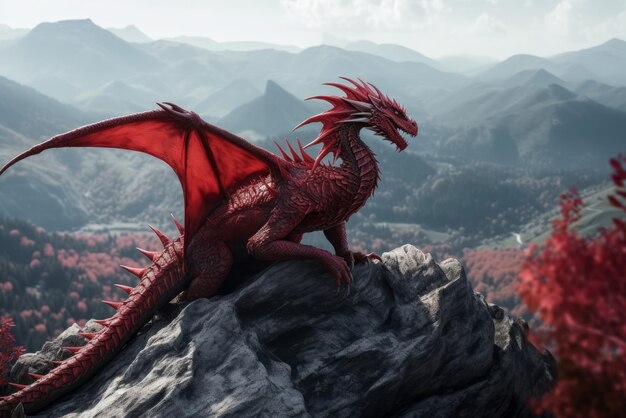 Photo red dragon on cliff generate ai