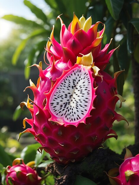 Red dragon fruit on plant