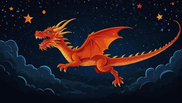 Photo a red dragon is flying in a night sky