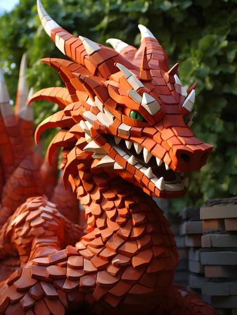 A red dragon made of bricks