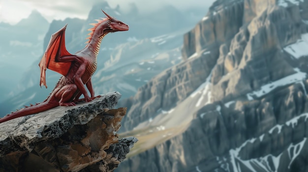 Photo red dragon on a rock in the mountains 3d illustration