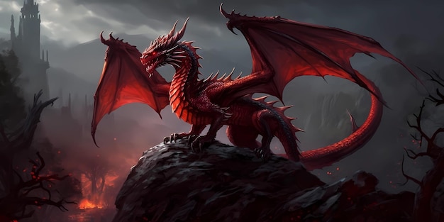 A red dragon on top of a rocky mountain