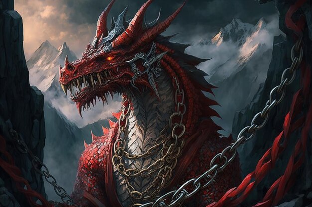 Photo red dragon with a chain around its neck