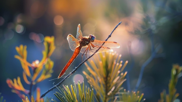 Red Dragonfly Resting on Tree Branch