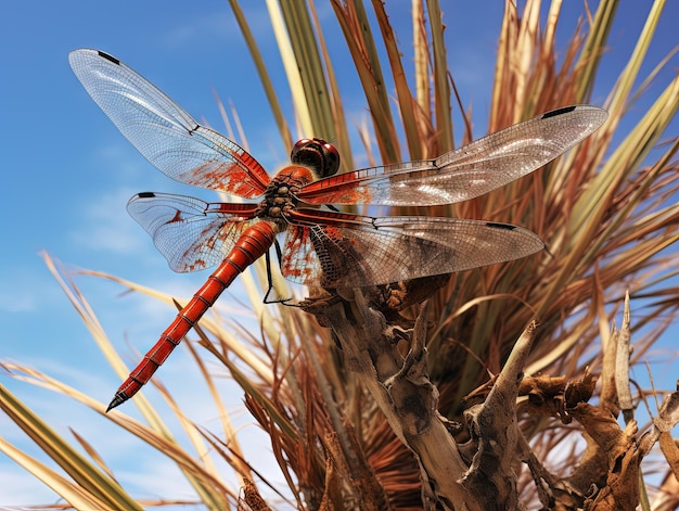 Photo red dragonfly sitting on the dry plants big abstract insect colse up view