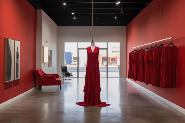 Red dress on hanger amidst minimalist store design created with generative ai