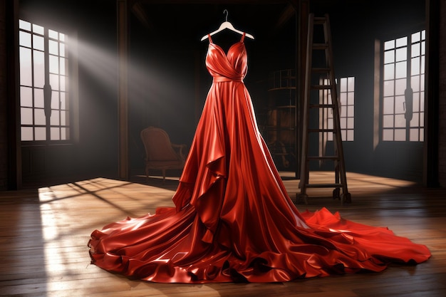 a red dress on a hanger in an empty room