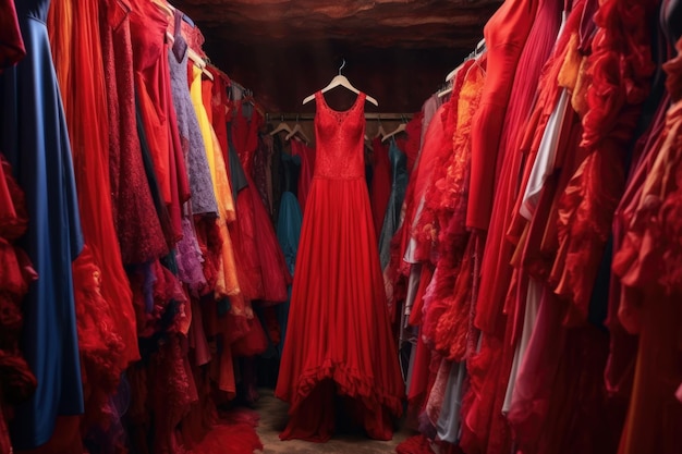 Red dress hanging among other colorful dresses created with generative ai