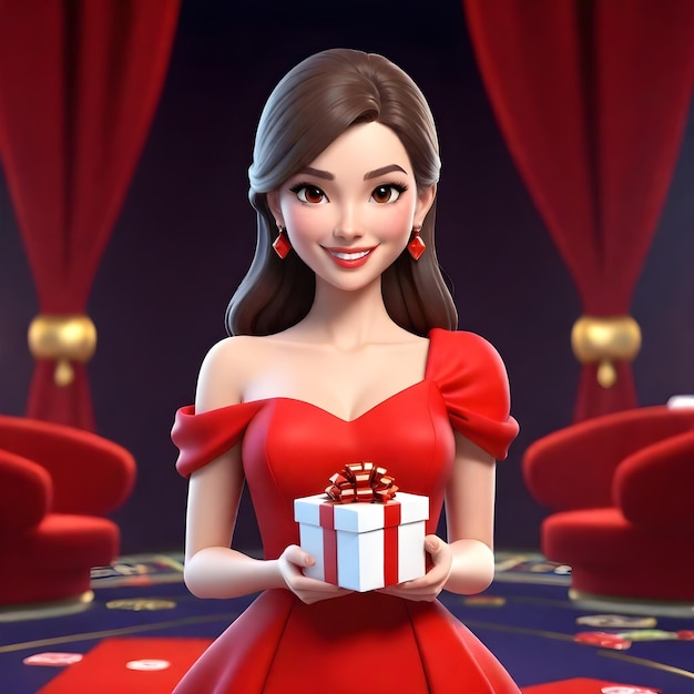 Photo red dress happy cartoon woman