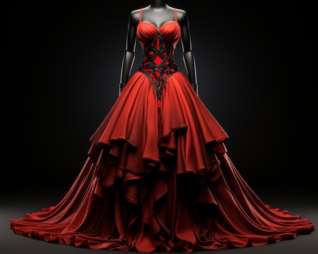 a red dress on a mannequin in a dark room