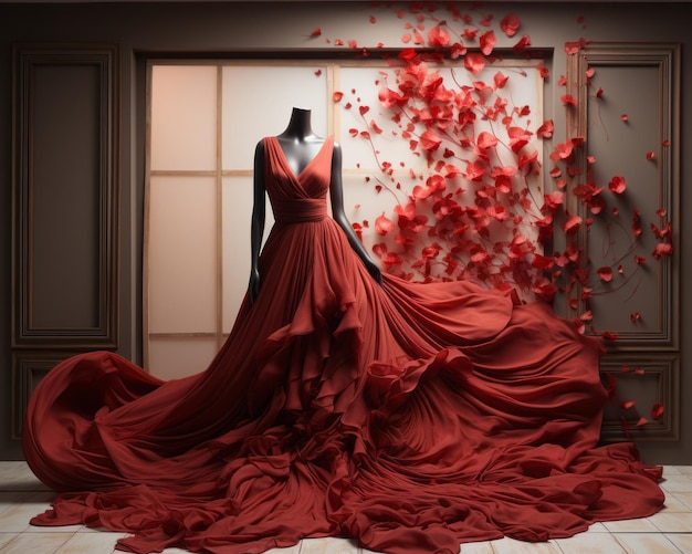 a red dress on a mannequin in front of an open door