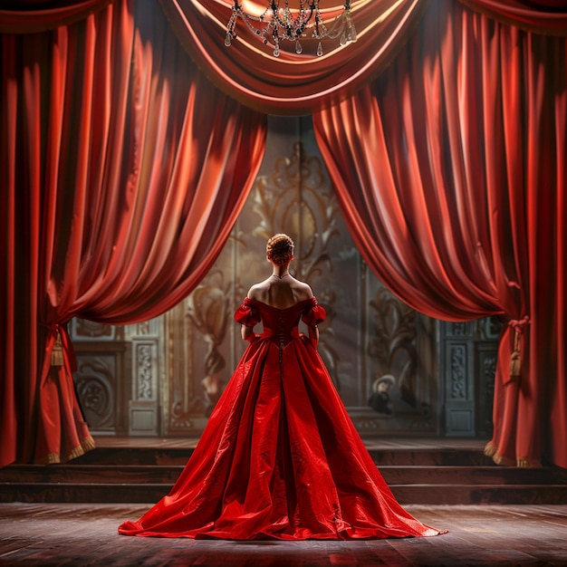 Photo red dress woman standing in front of curtain opera cultural image