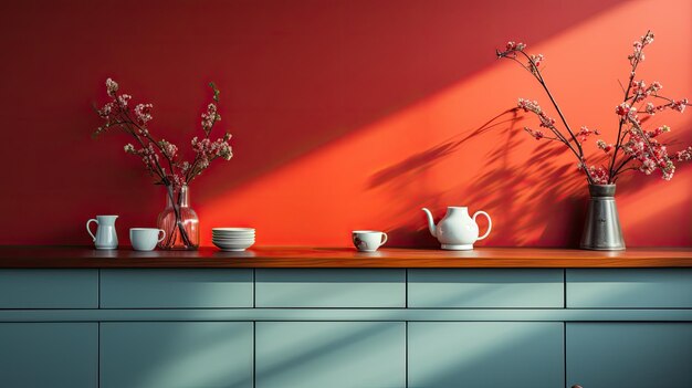 A red dresser placed on the wall with necessary utensils is part of a red kitchen with a white coun