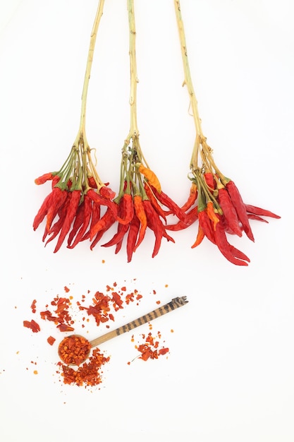 red dried crushed hot chili peppers and chili flakes or powder isolated on white background