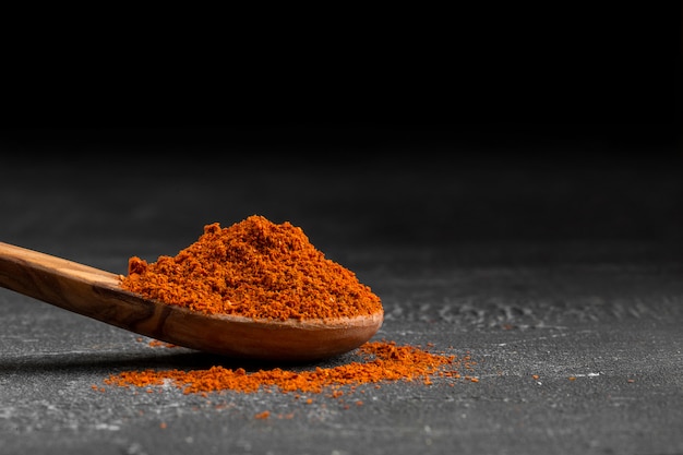 red dried ground pepper spice in a wooden spoon