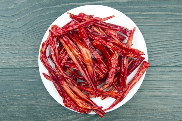 Red dried hot peppers on a plate