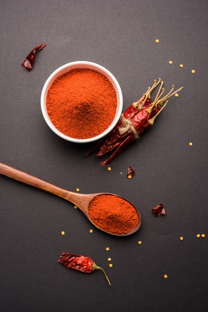 Red dried Mirchi mirch or Chilly Powder in a bowl over moody background, selective focus