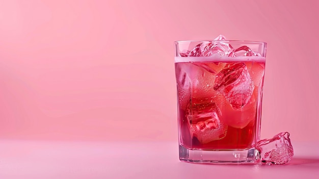 Red drink cocktail or lemonade with ice in a glass on pink background