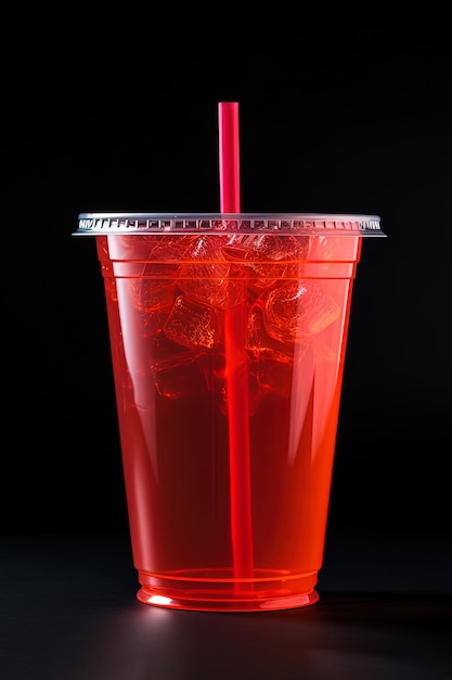 Red drink in a plastic cup isolated on a black background Take away drinks concept