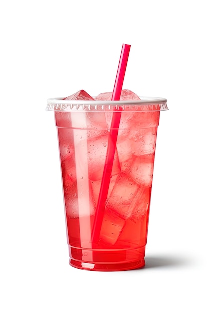 Red drink in a plastic cup isolated on a white background Take away drinks concept