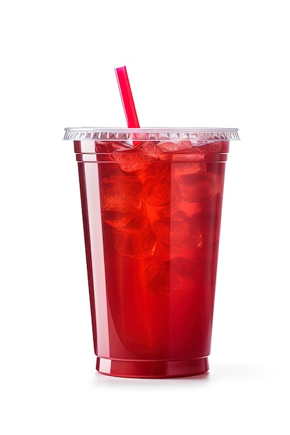 Red drink in a plastic cup isolated on a white background Take away drinks concept